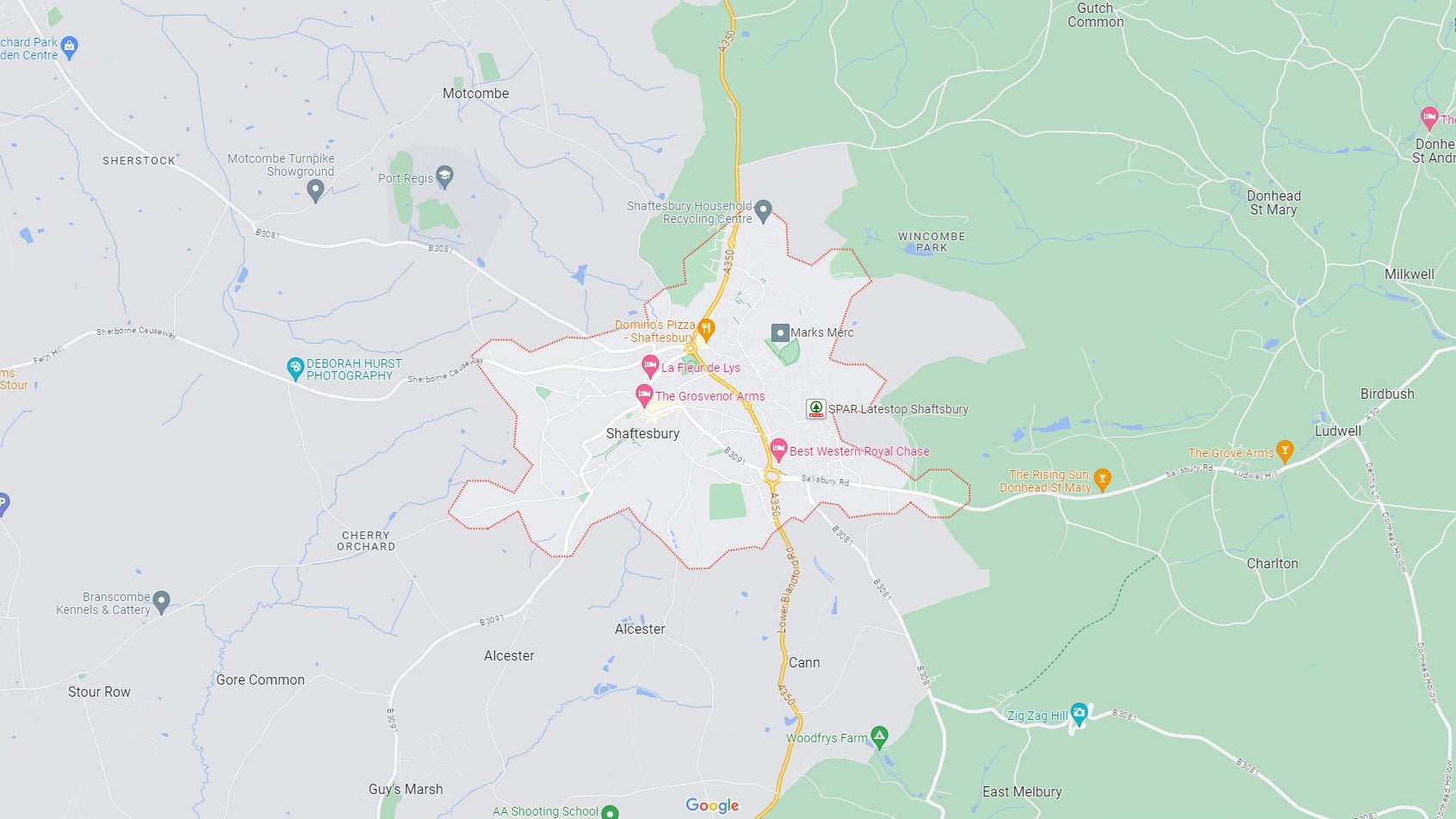 Area map of Shaftesbury in Dorset