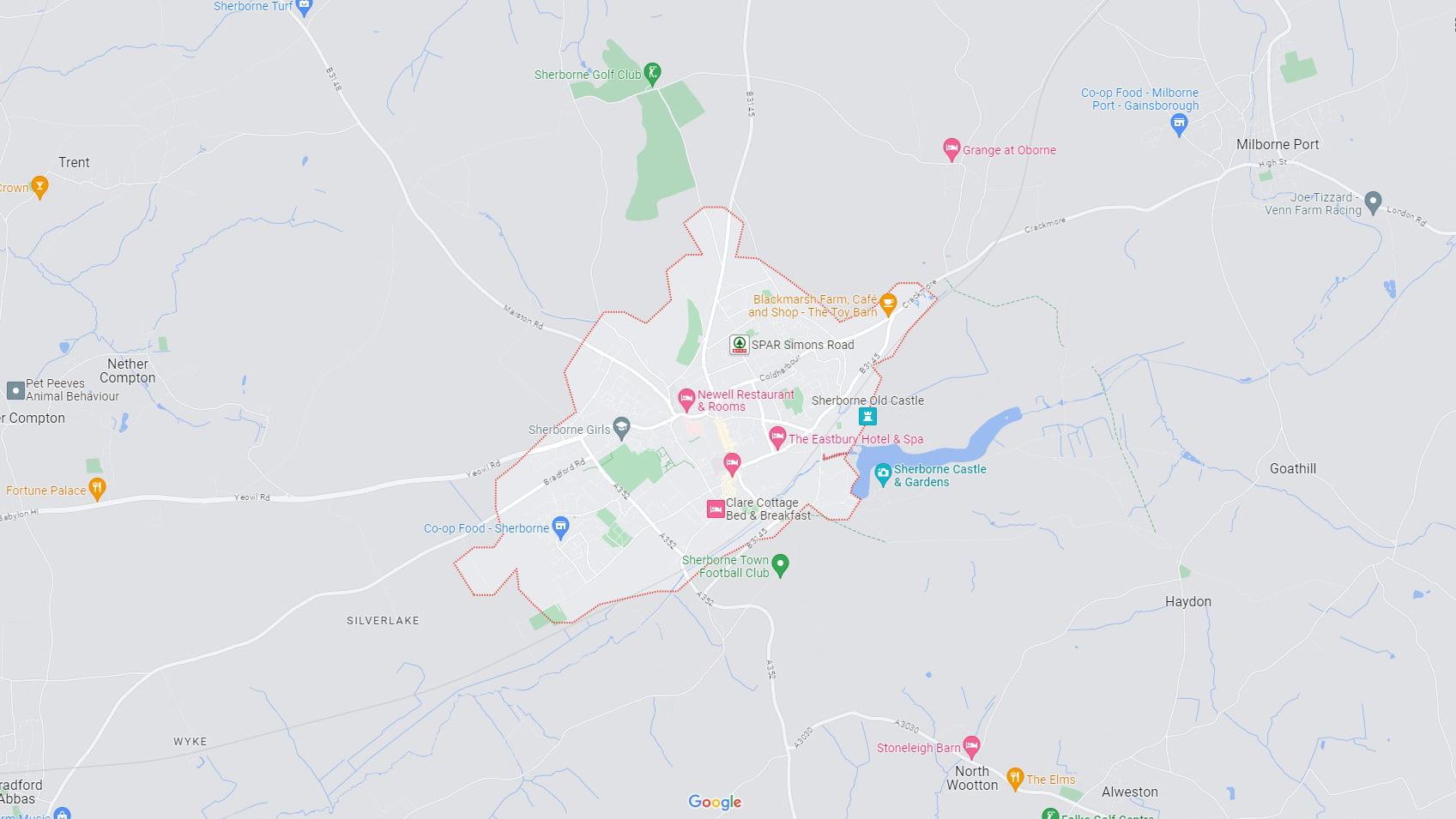 Area map of Sherborne in Dorset