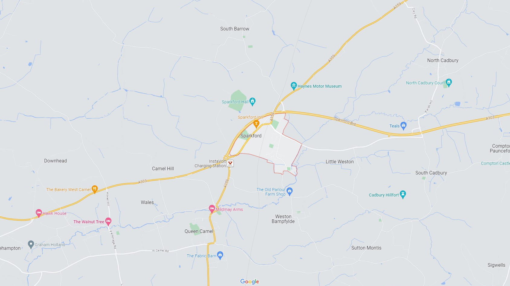 Area map of Sparkford in Somerset