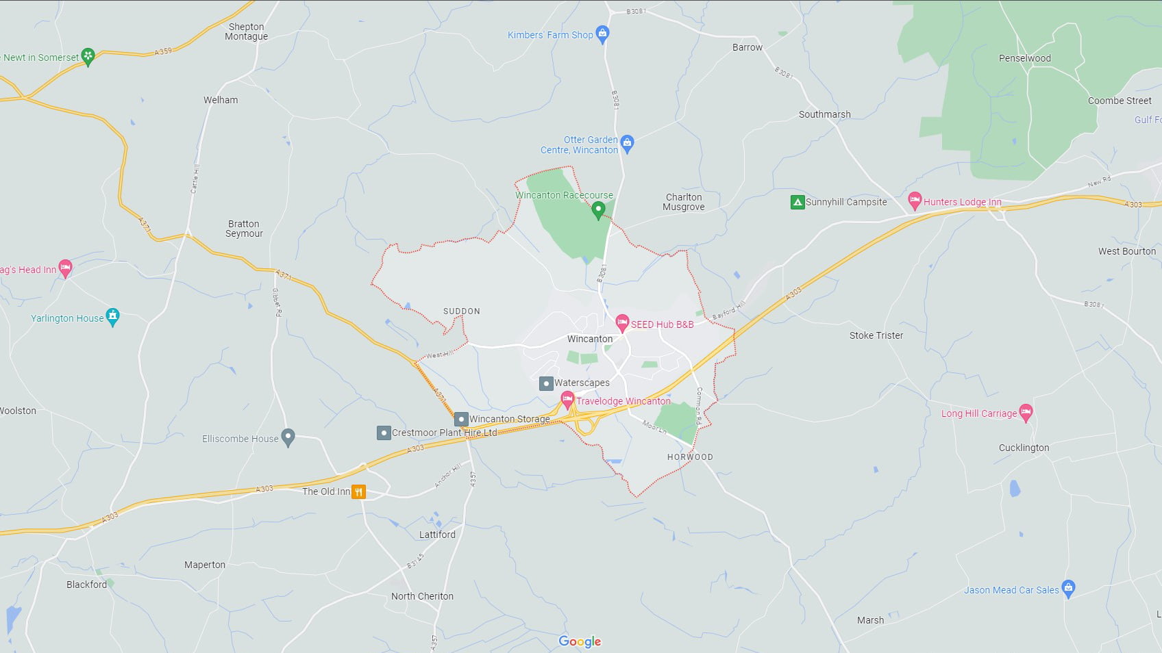 Area map of Wincanton in Somerset