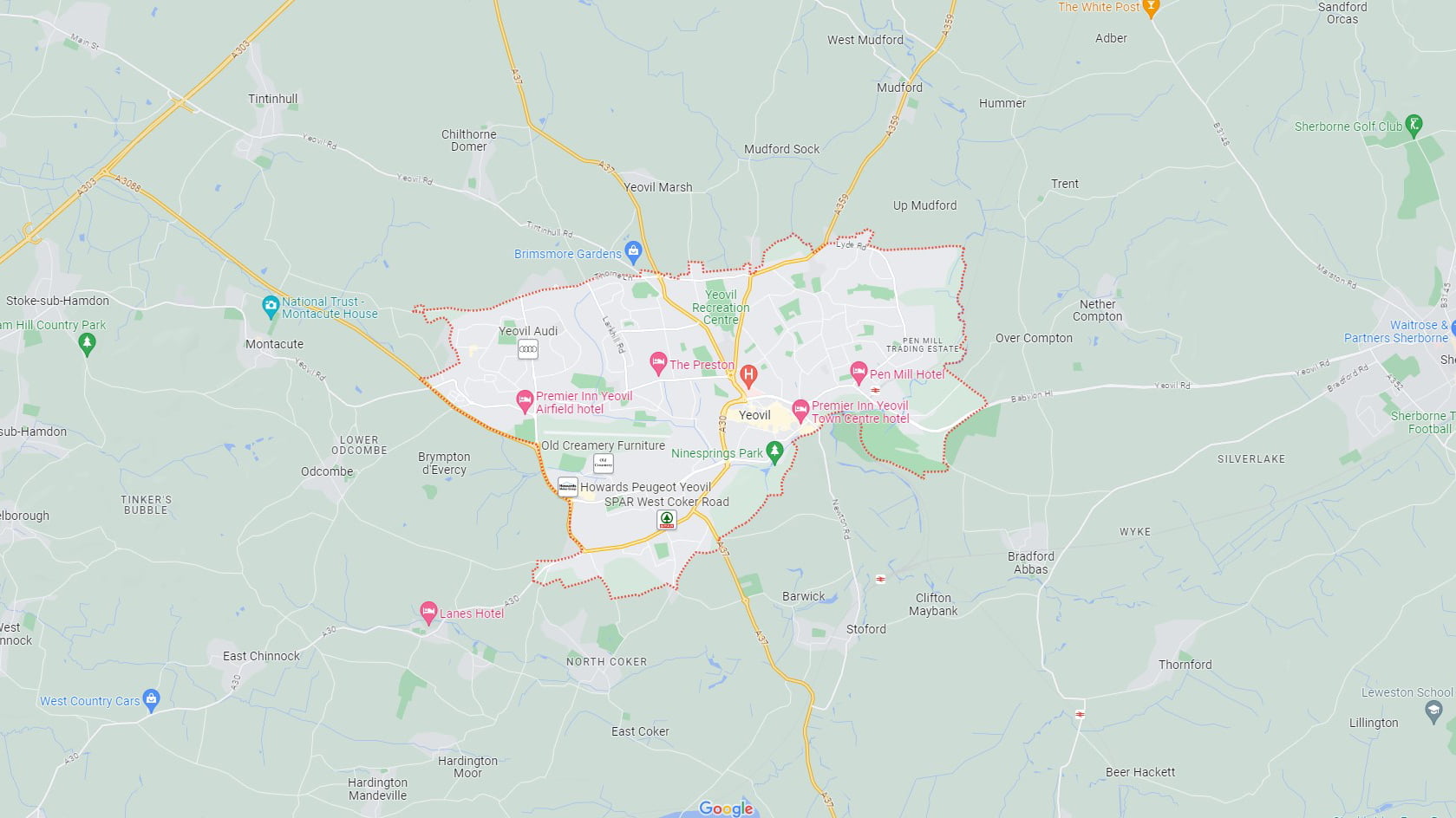 Area map of Yeovil in Somerset